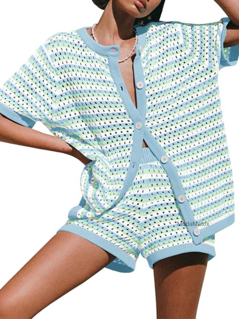 Crochet Swimsuit Coverup 2 Piece Short Set Striped Knit Button Shirt